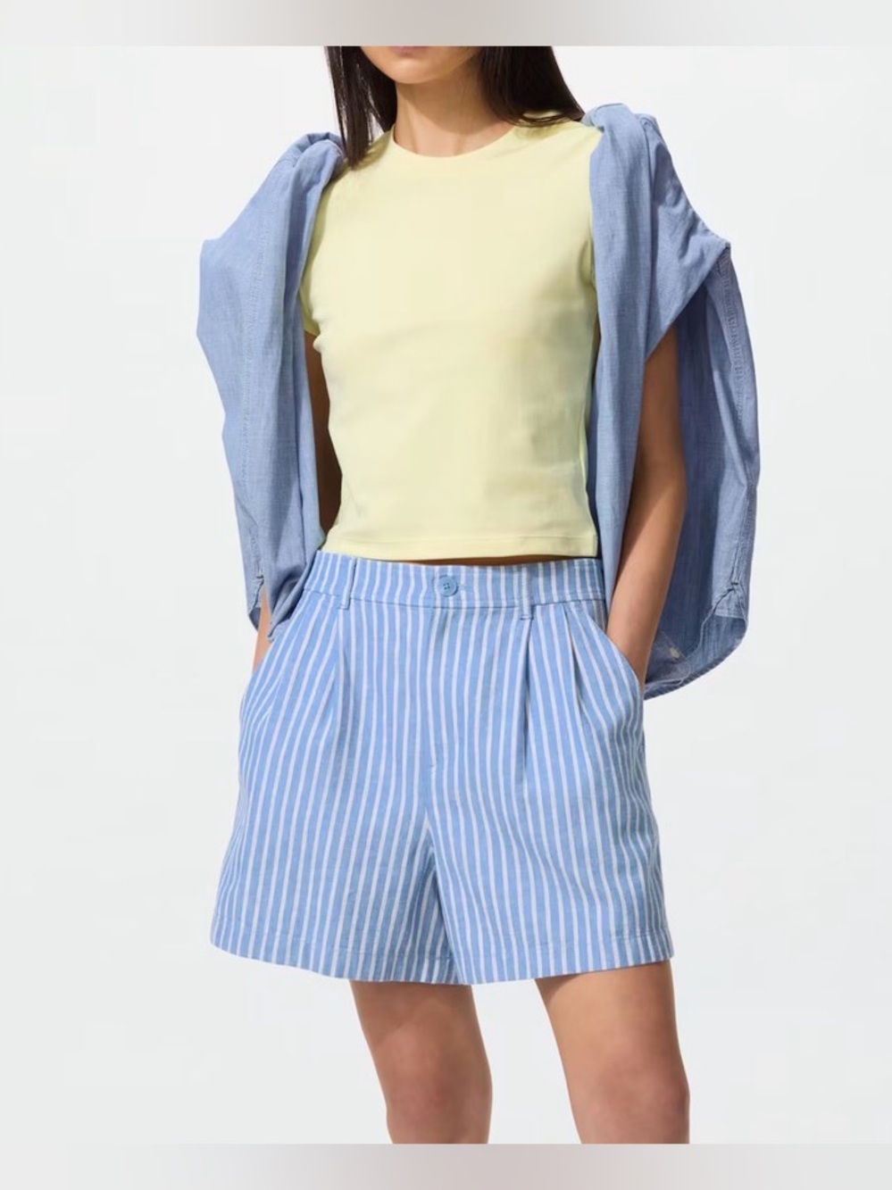 Uniqlo Linen Cotton Shorts | Striped Blue M 160cm/68A